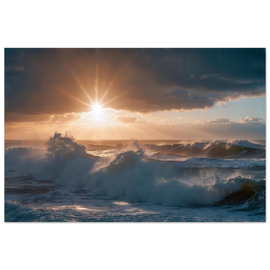 Wandbild dramatischer sonnenuntergang ueber stuermischen wellen ozean leinwanddruck in ihrer wunschgroesse