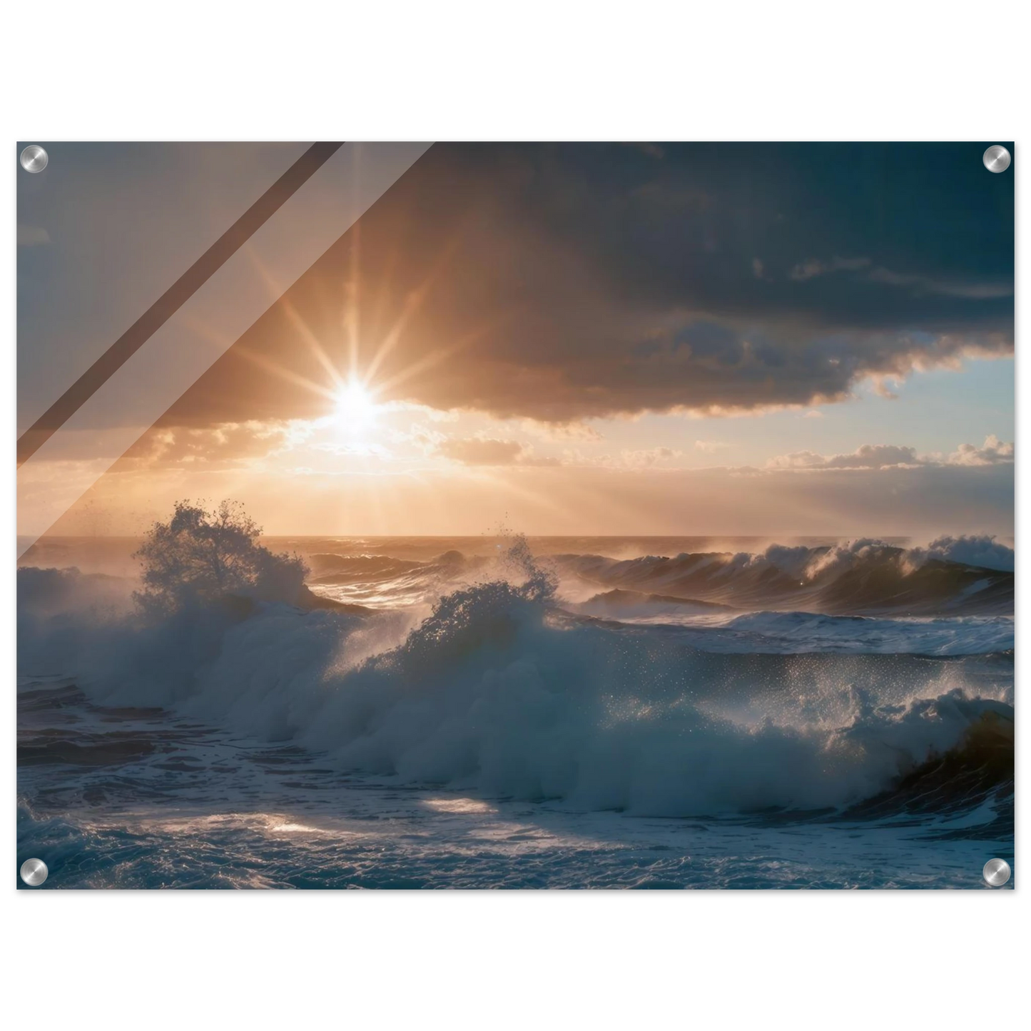 Wandbild dramatischer sonnenuntergang ueber stuermischen wellen ozean leinwanddruck in ihrer wunschgroesse