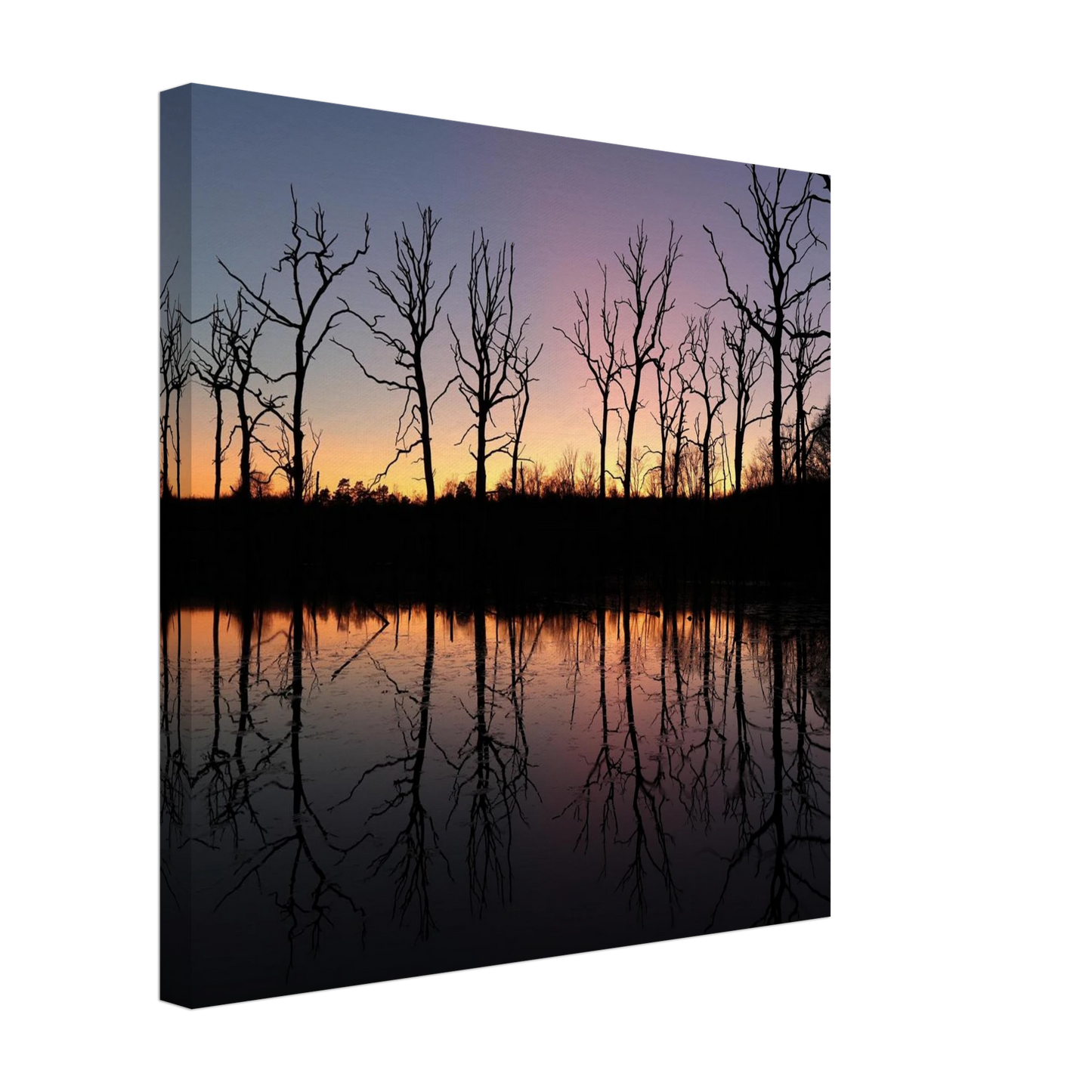 Wandbild sonnenuntergang ueber spiegelndem see magische naturlandschaft mit silhouetten