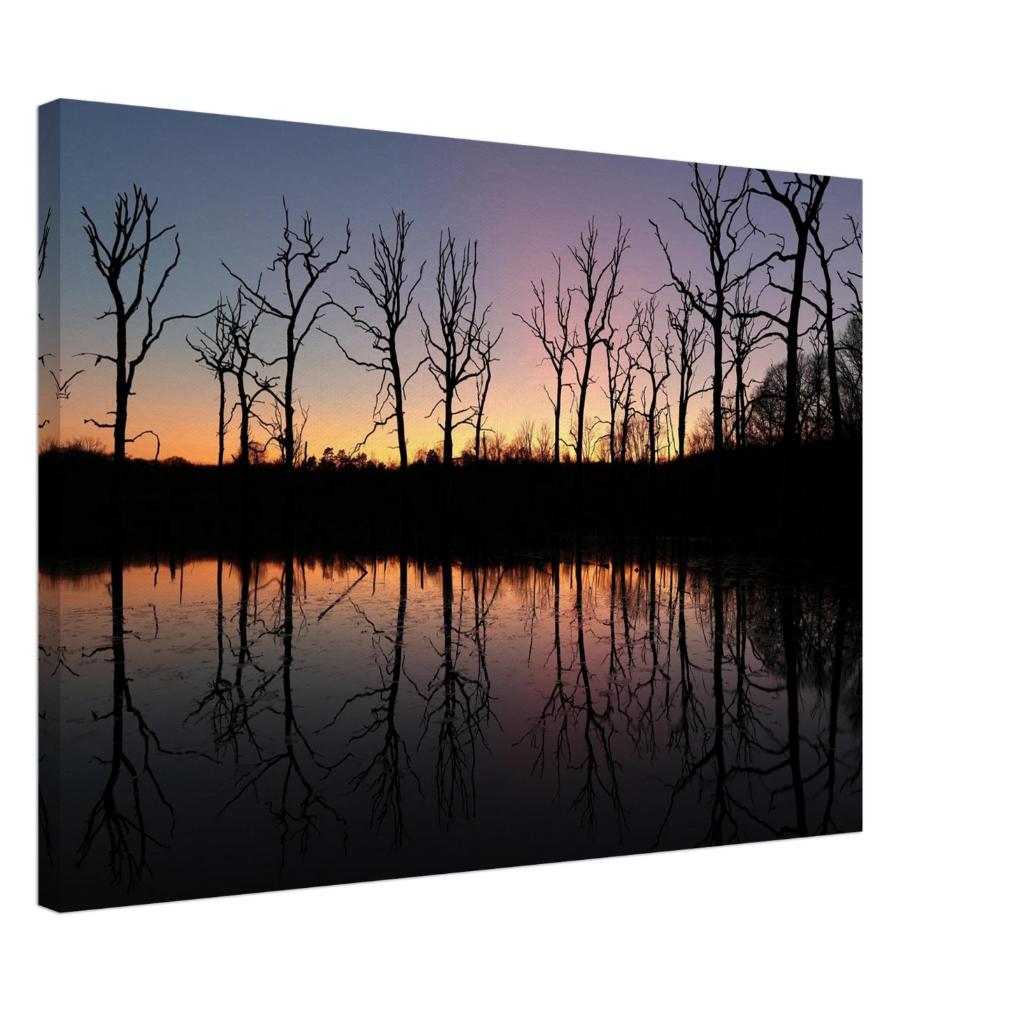 Wandbild sonnenuntergang ueber spiegelndem see magische naturlandschaft mit silhouetten