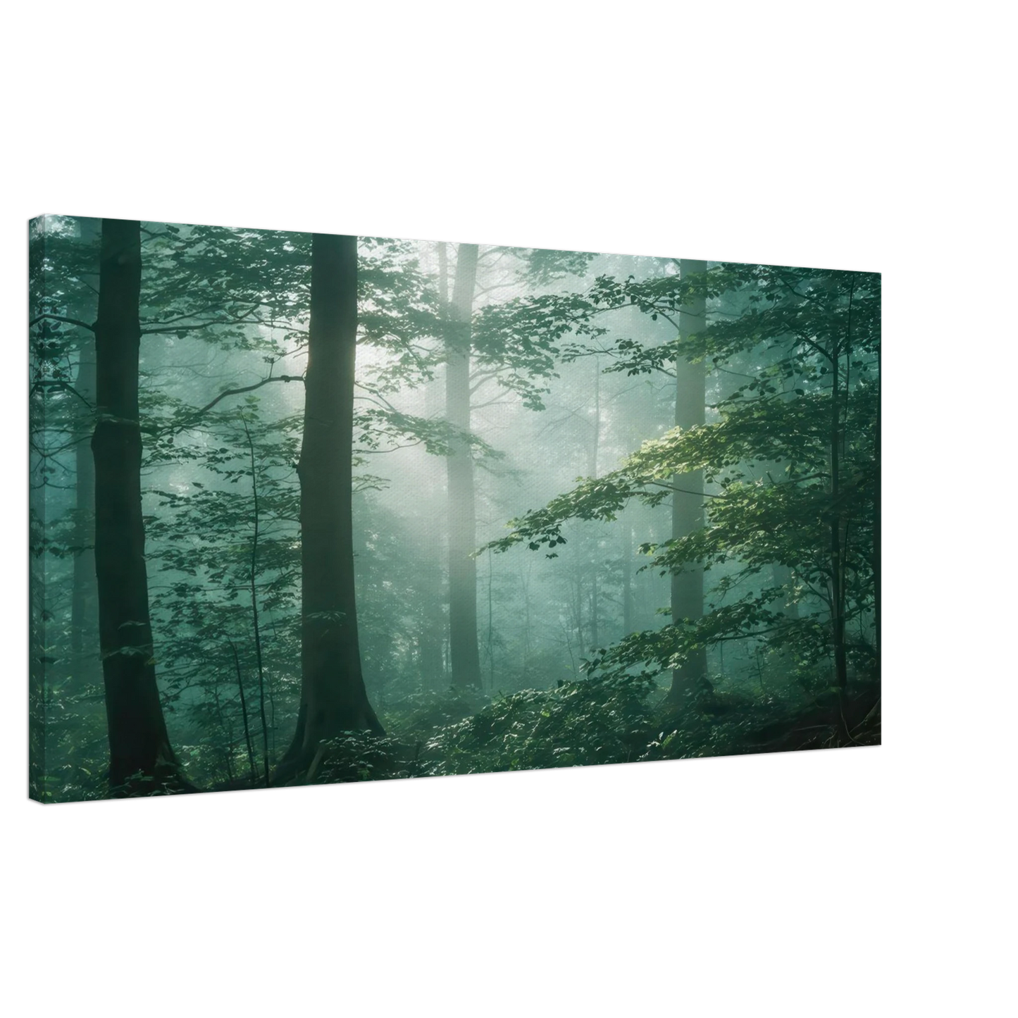 Wandbild mystischer smaragd wald mit sonnenstrahlen beruhigende nebelwald kunst in ihrer wunschgroesse