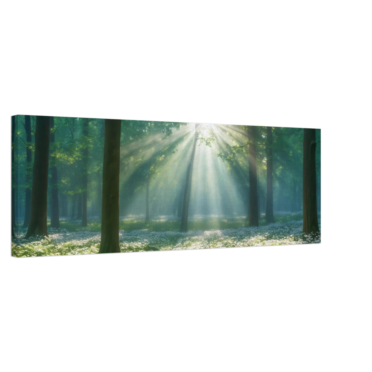 Wandbild mystischer wald sonnenstrahlen im gruenen bluetenmeer