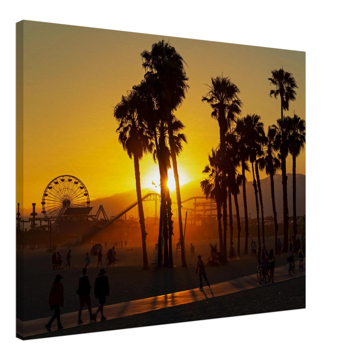 Wandbild sonnenuntergang am santa monica pier kalifornische palmen und riesenrad bei goldenem licht