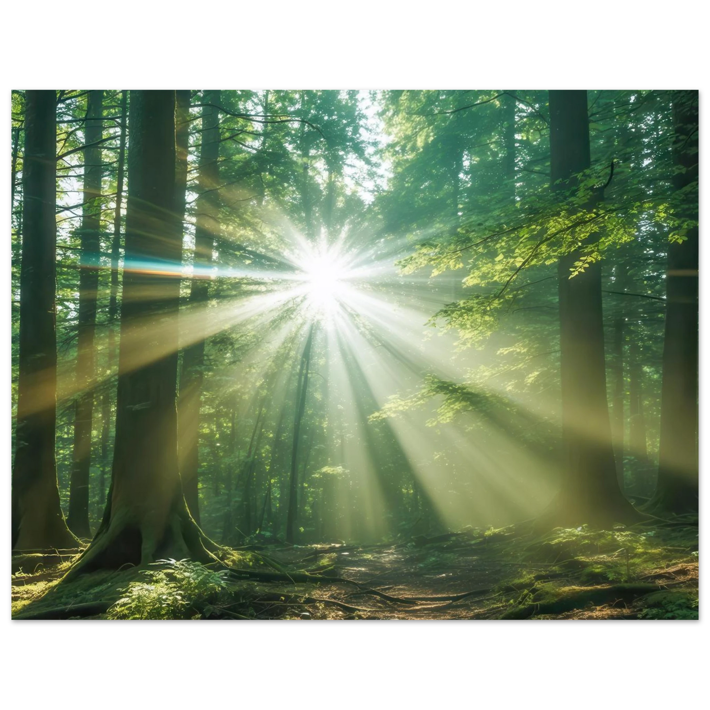 Wandbild sonnenstrahlen im wald mystisches waldlicht kunstdruck in ihrer wunschgroesse