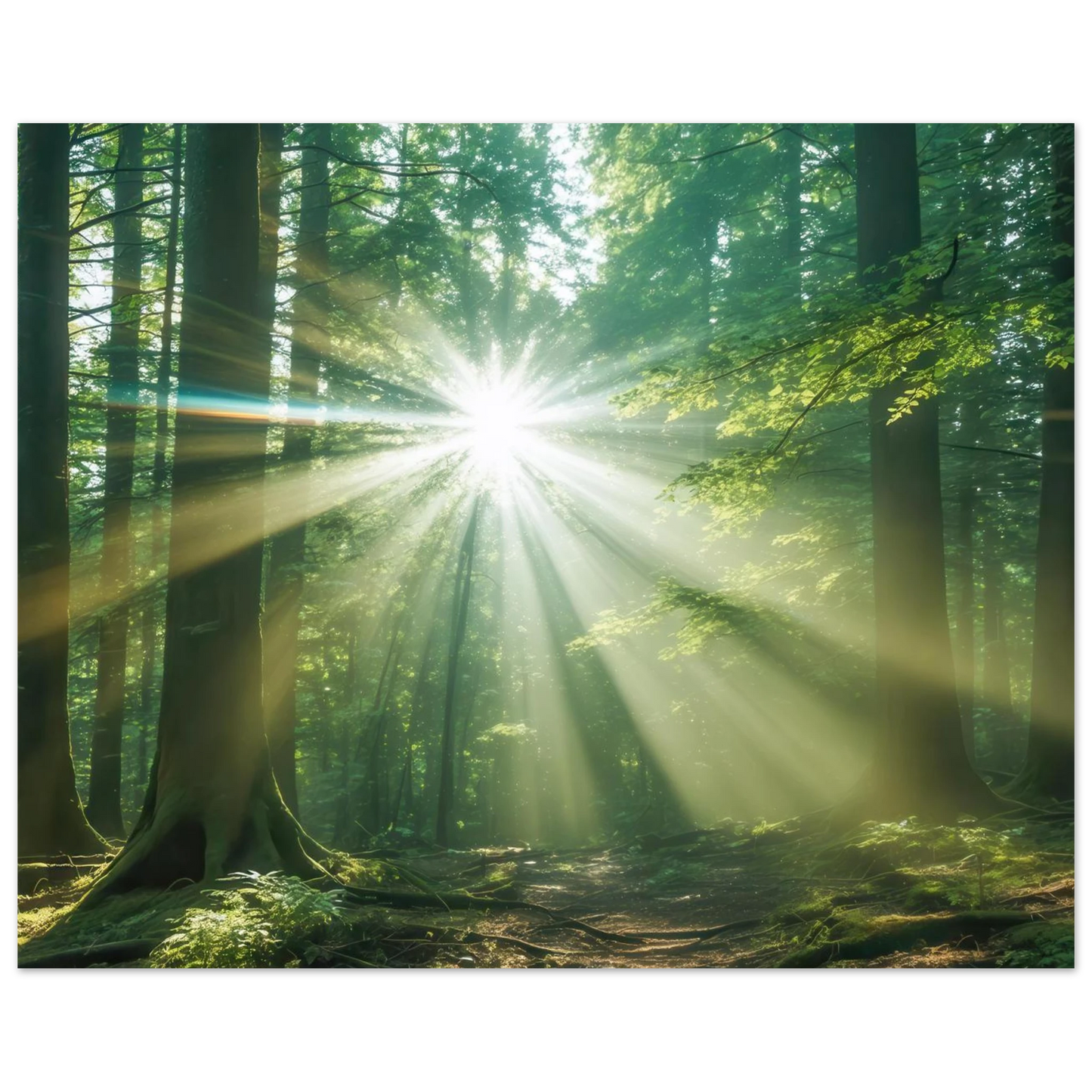 Wandbild sonnenstrahlen im wald mystisches waldlicht kunstdruck in ihrer wunschgroesse