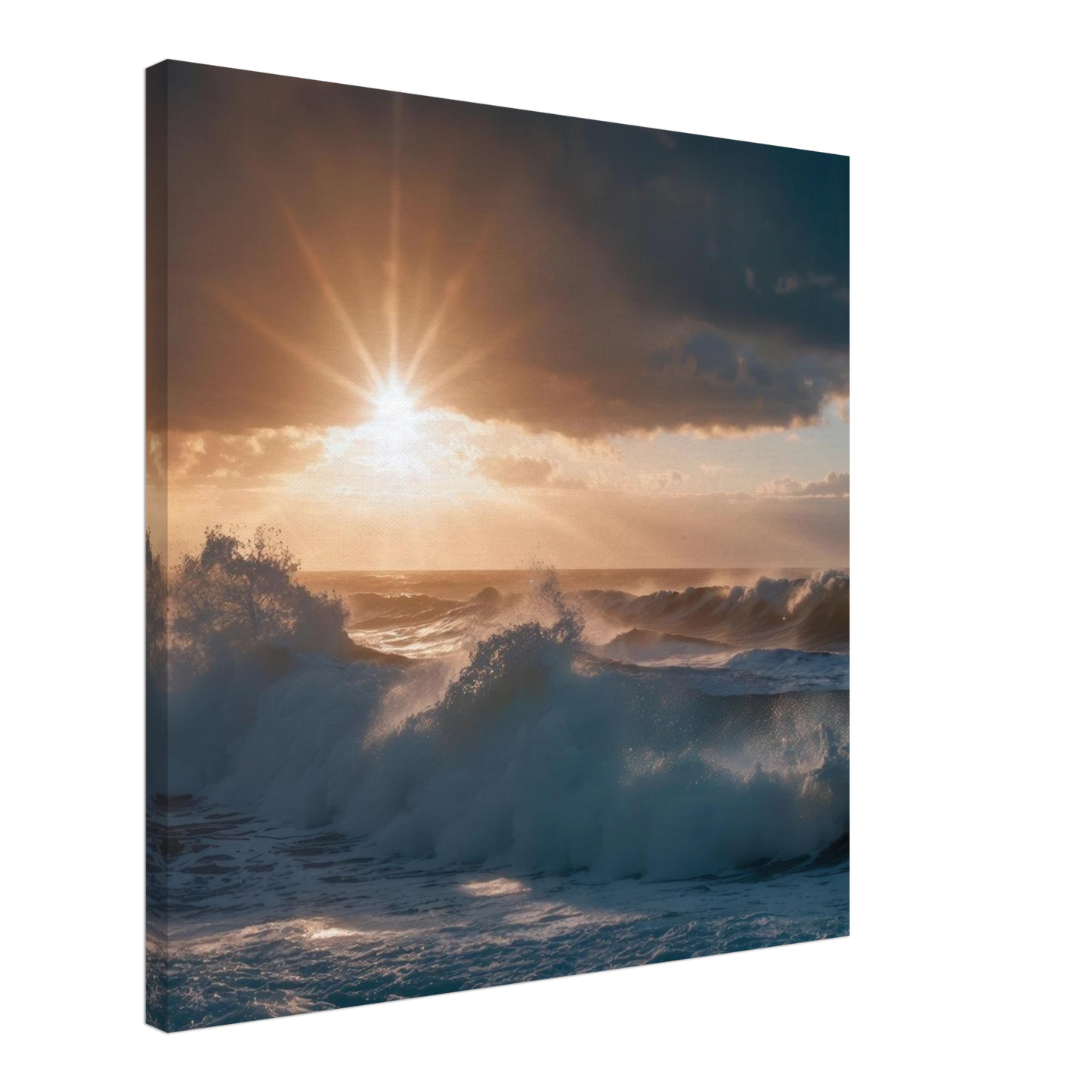 Wandbild dramatischer sonnenuntergang ueber stuermischen wellen ozean leinwanddruck in ihrer wunschgroesse