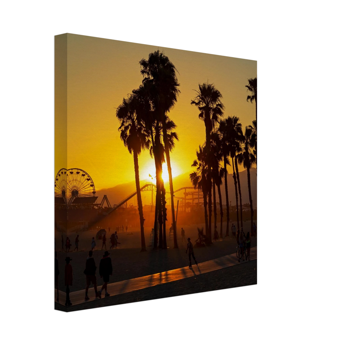 Wandbild sonnenuntergang am santa monica pier kalifornische palmen und riesenrad bei goldenem licht