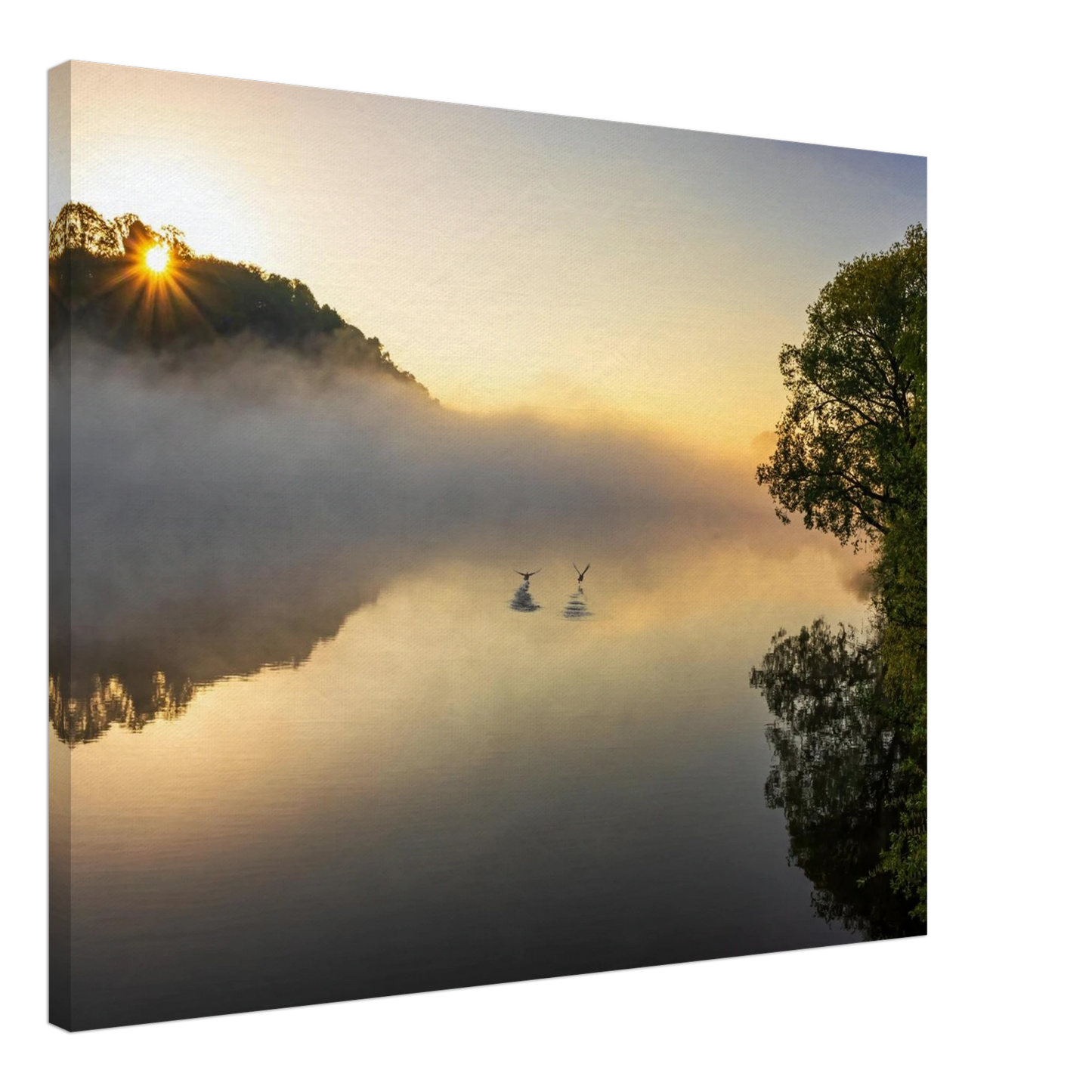Wandbild mystischer sonnenaufgang ueber dem nebelmeer stille wasser voegel leinwandbild fuer ihr zuhause