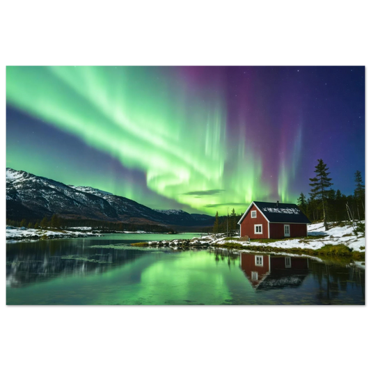 Wandbild nordlichter gemuetliche huette majestaetisches kunstwerk in lebendigen gruentoenen