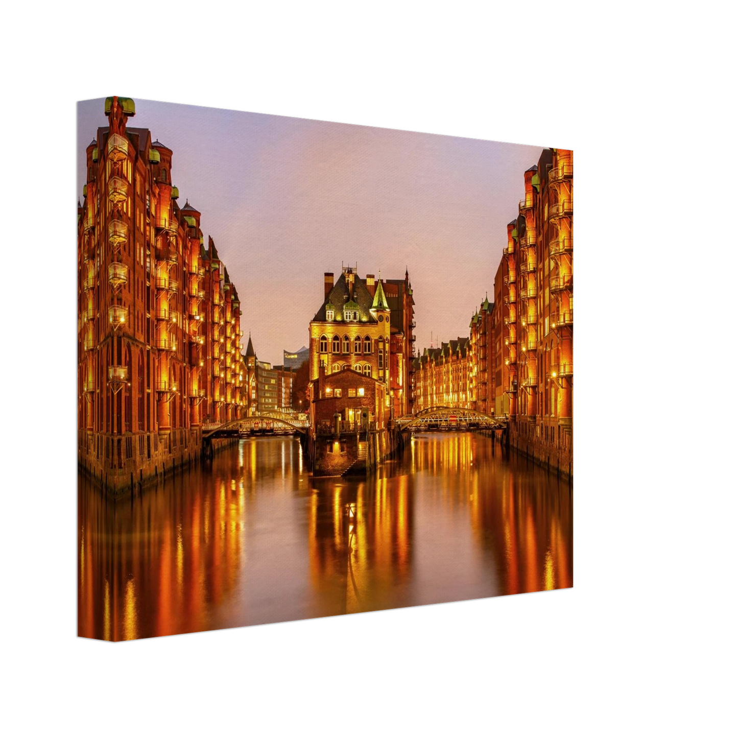Wandbild speicherstadt hamburg bei daemmerung atmosphaerisches stadtbild als kunstdruck in ihrer wunschgroesse
