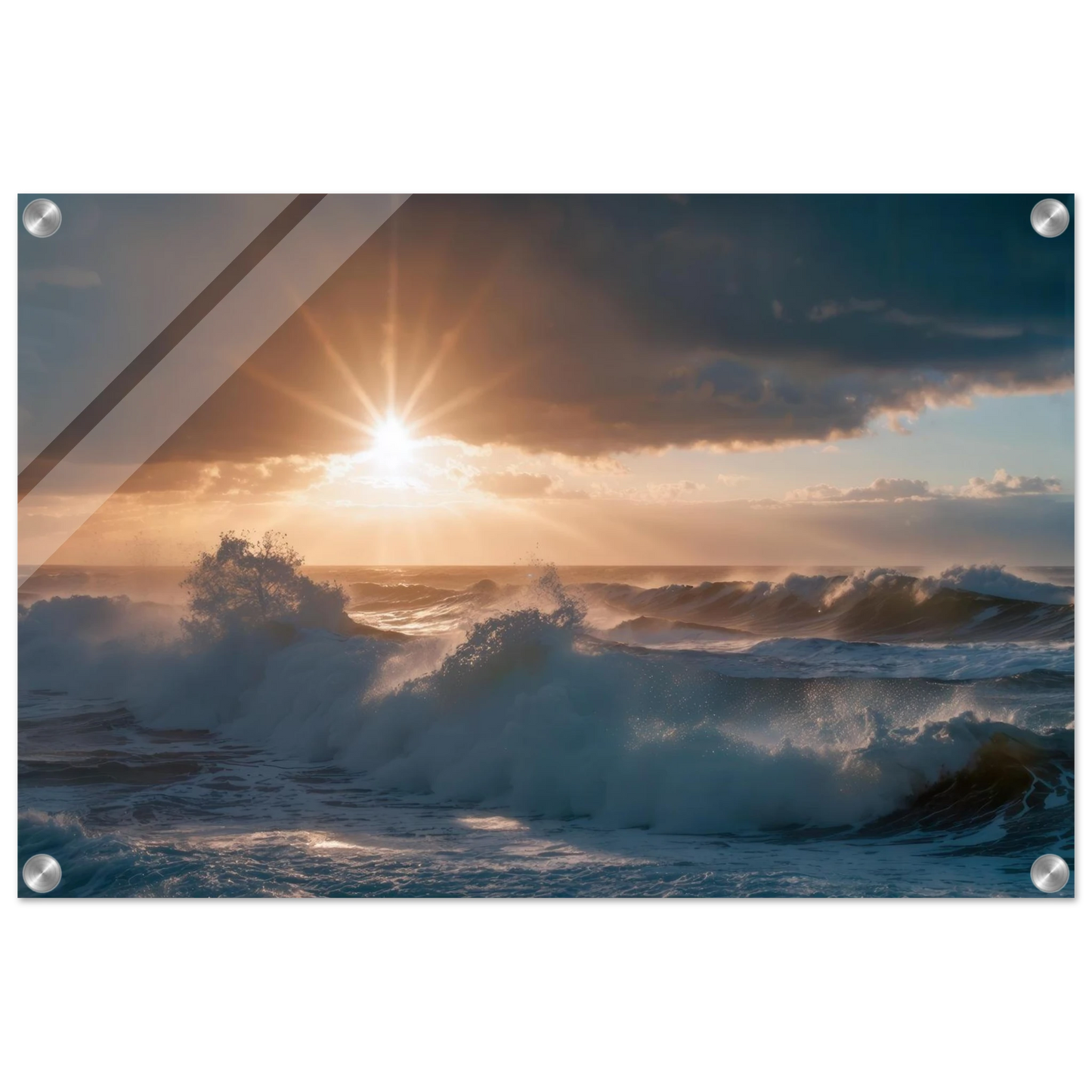 Wandbild dramatischer sonnenuntergang ueber stuermischen wellen ozean leinwanddruck in ihrer wunschgroesse