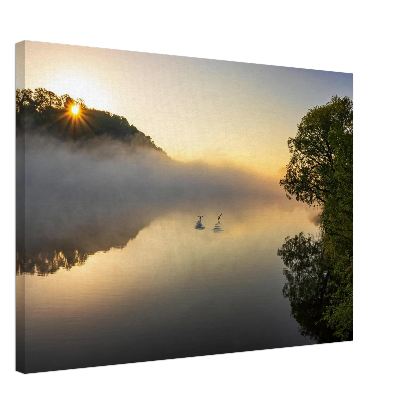 Wandbild mystischer sonnenaufgang ueber dem nebelmeer stille wasser voegel leinwandbild fuer ihr zuhause