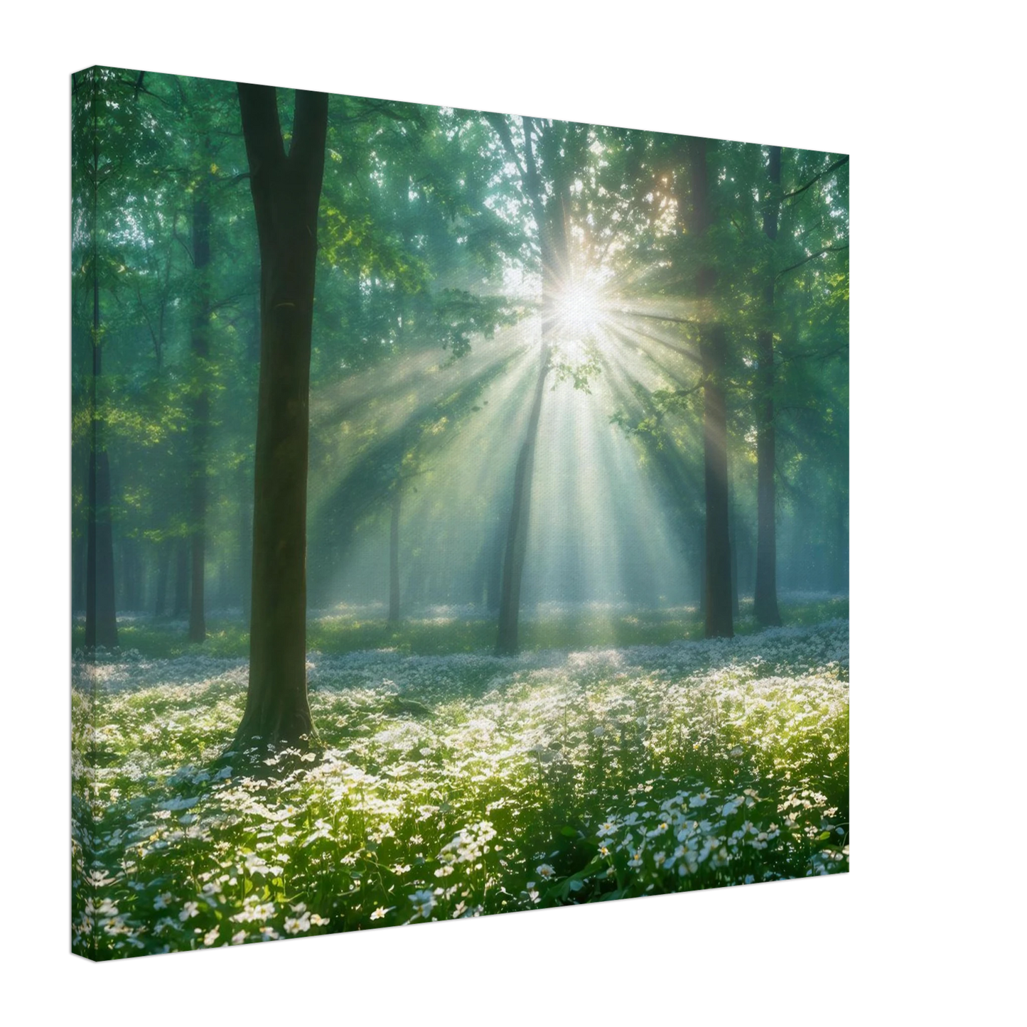 Wandbild mystischer wald sonnenstrahlen im gruenen bluetenmeer