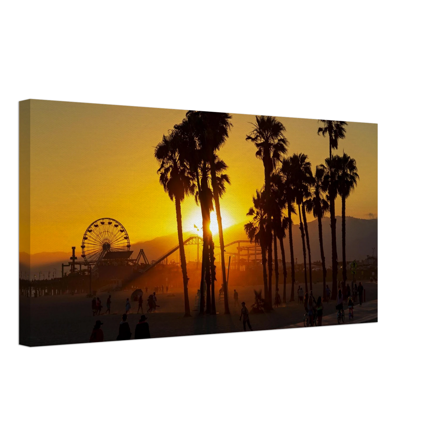 Wandbild sonnenuntergang am santa monica pier kalifornische palmen und riesenrad bei goldenem licht