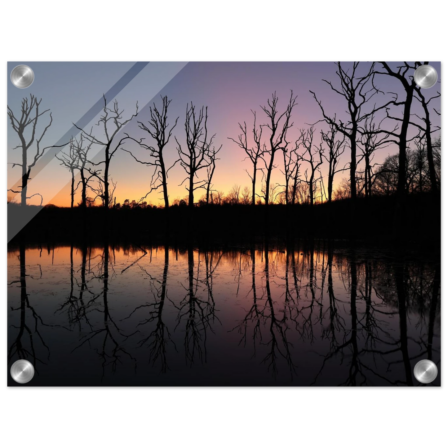 Wandbild sonnenuntergang ueber spiegelndem see magische naturlandschaft mit silhouetten