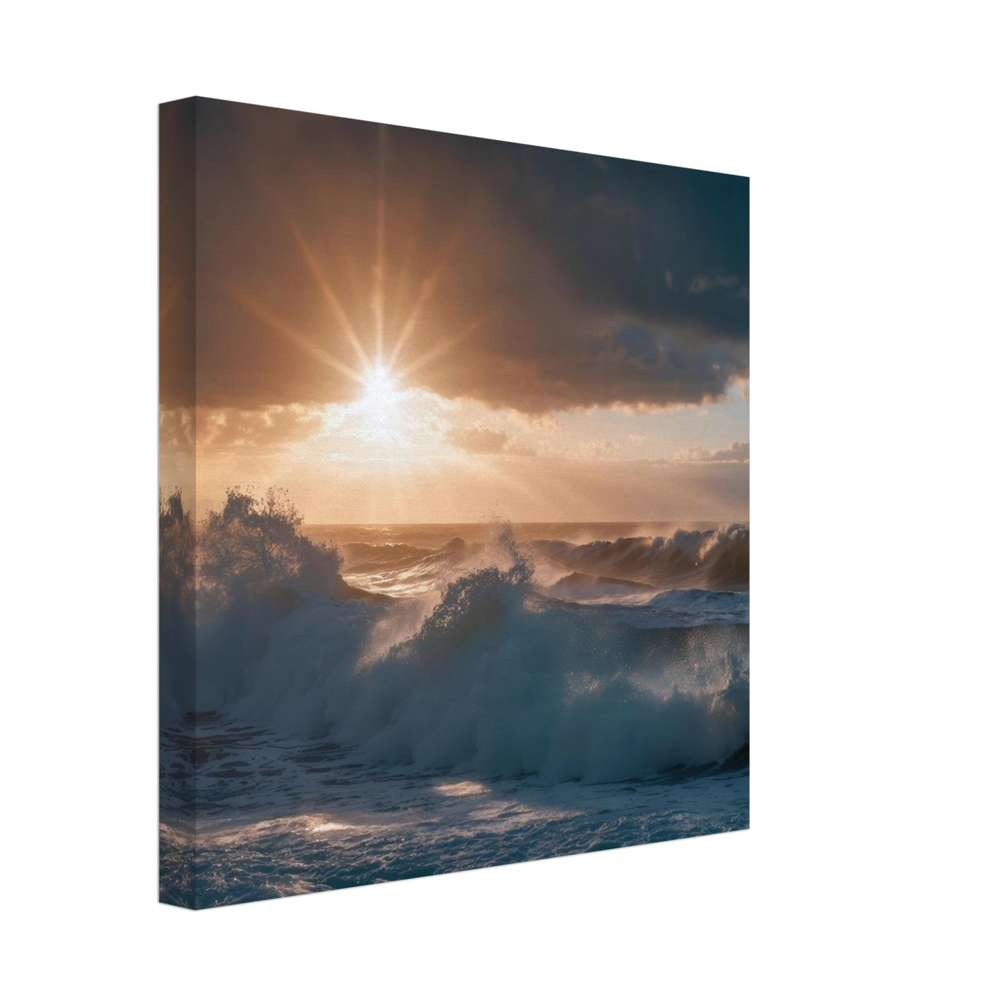 Wandbild dramatischer sonnenuntergang ueber stuermischen wellen ozean leinwanddruck in ihrer wunschgroesse
