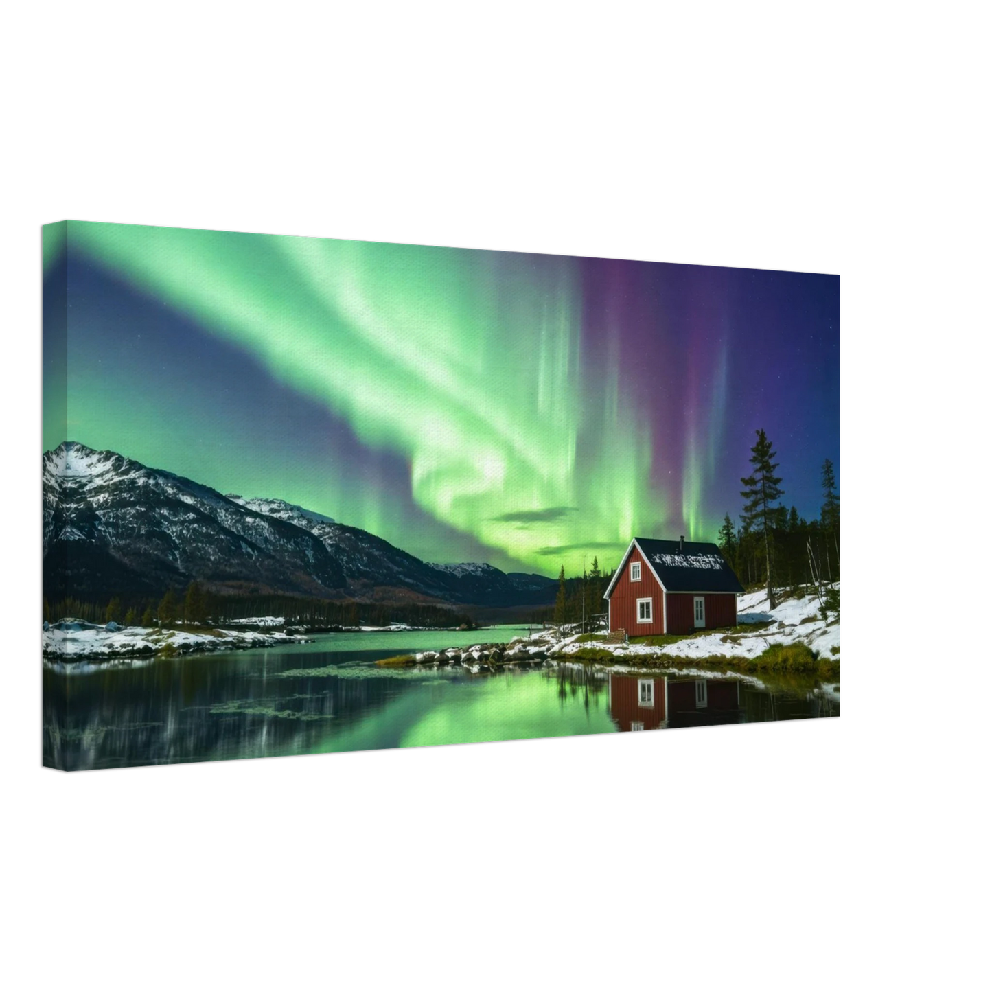 Wandbild nordlichter gemuetliche huette majestaetisches kunstwerk in lebendigen gruentoenen