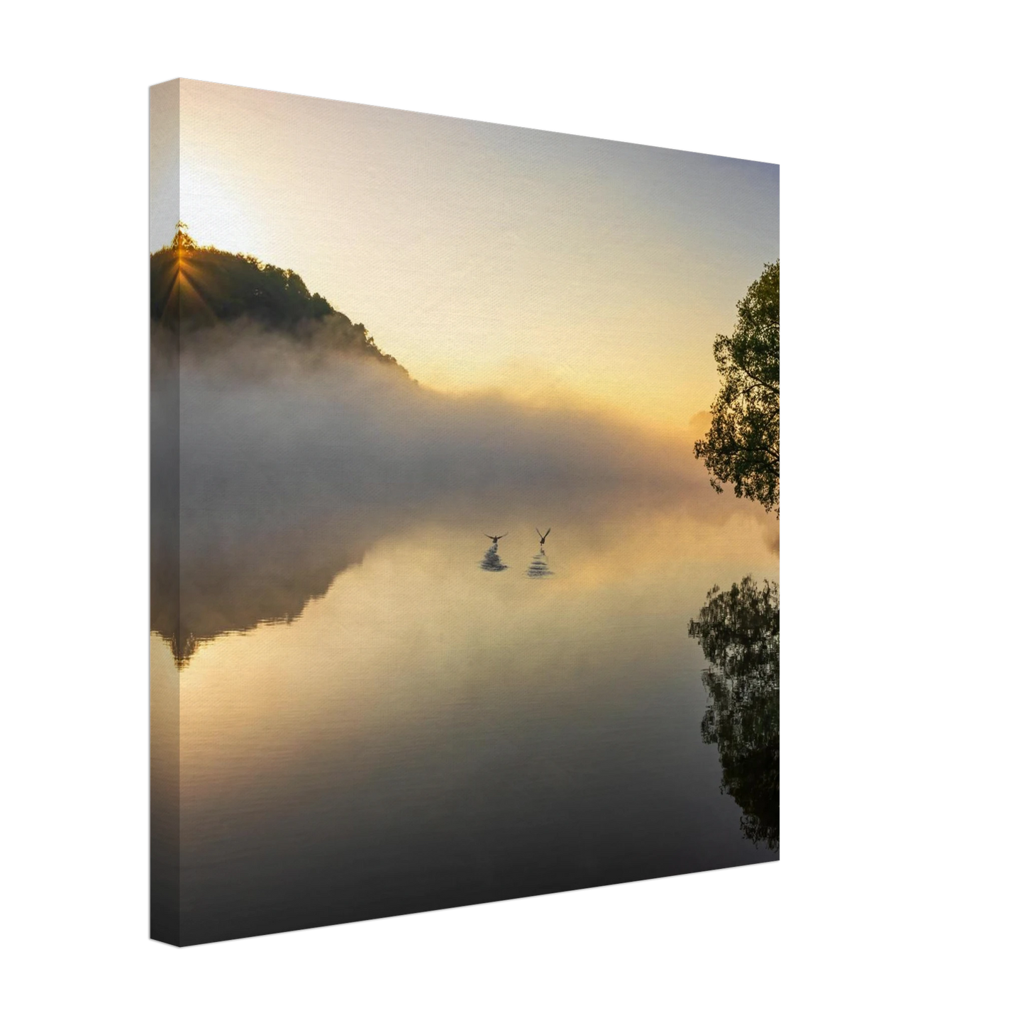 Wandbild mystischer sonnenaufgang ueber dem nebelmeer stille wasser voegel leinwandbild fuer ihr zuhause