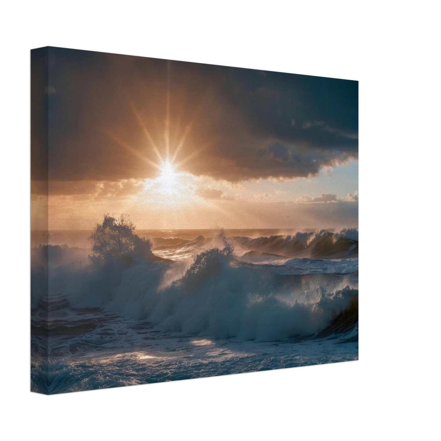 Wandbild dramatischer sonnenuntergang ueber stuermischen wellen ozean leinwanddruck in ihrer wunschgroesse