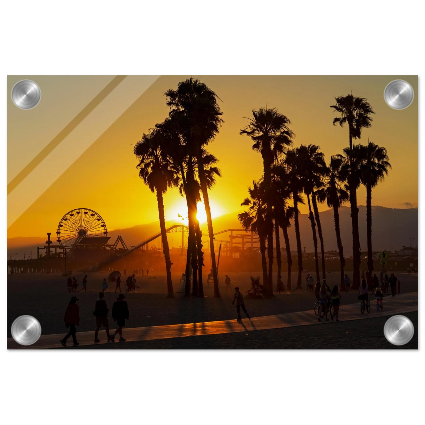 Wandbild sonnenuntergang am santa monica pier kalifornische palmen und riesenrad bei goldenem licht
