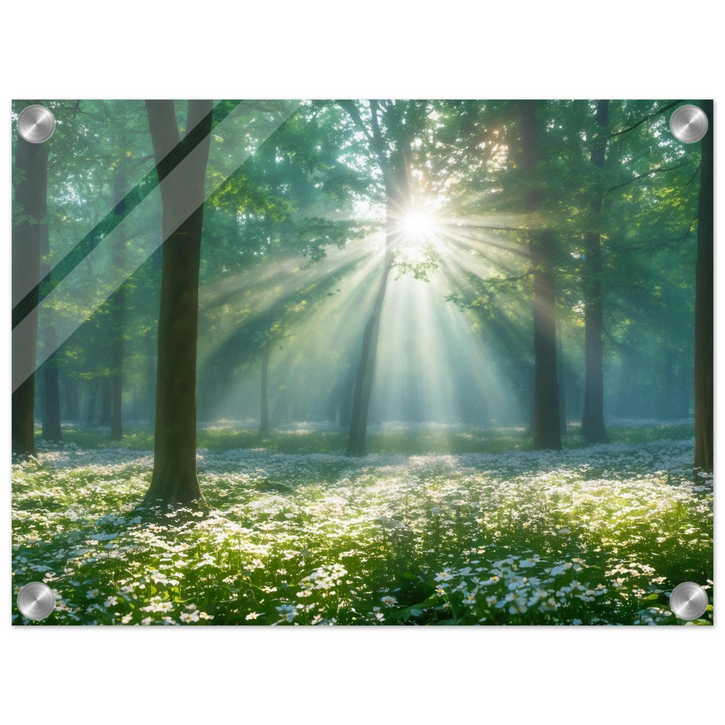 Wandbild mystischer wald sonnenstrahlen im gruenen bluetenmeer