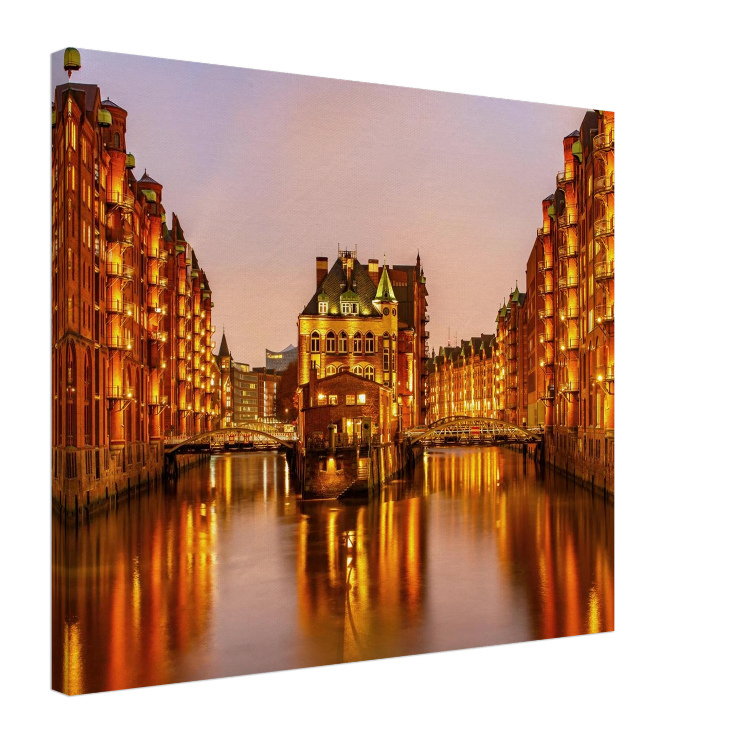 Wandbild speicherstadt hamburg bei daemmerung atmosphaerisches stadtbild als kunstdruck in ihrer wunschgroesse