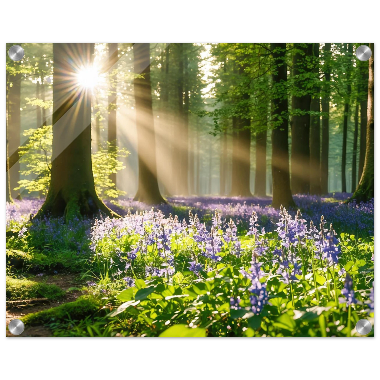 Wandbild mystischer morgenwald mit sonnenstrahlen und lila blueten in vielen groessen