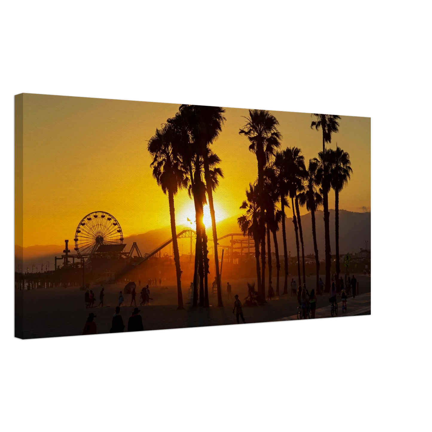 Wandbild sonnenuntergang am santa monica pier kalifornische palmen und riesenrad bei goldenem licht
