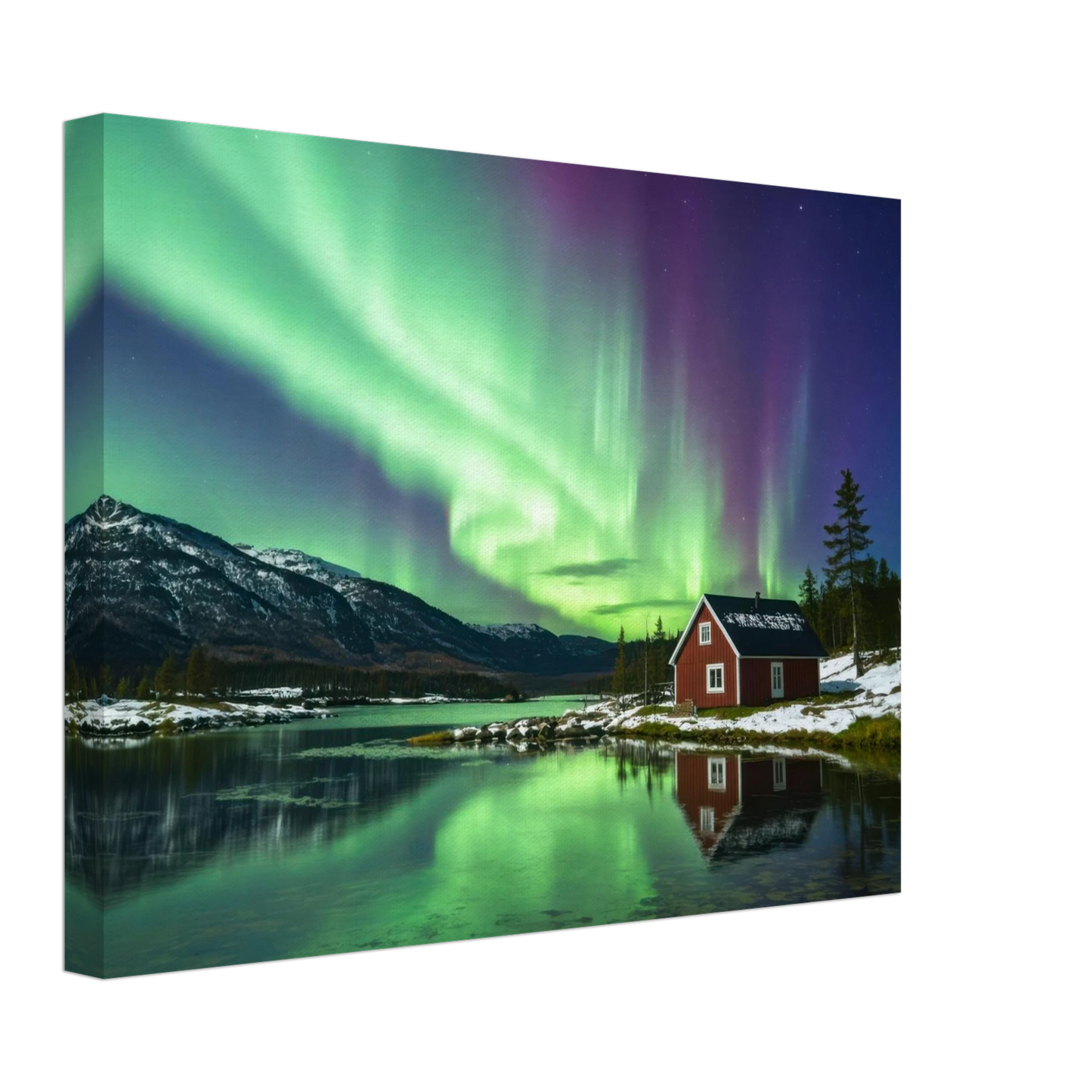Wandbild nordlichter gemuetliche huette majestaetisches kunstwerk in lebendigen gruentoenen