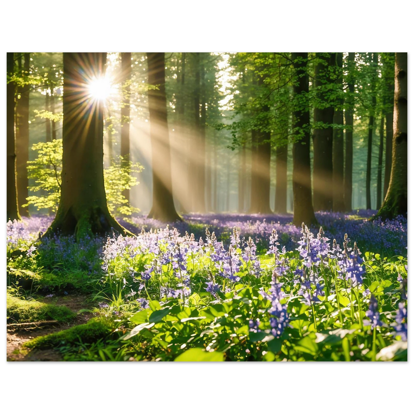 Wandbild mystischer morgenwald mit sonnenstrahlen und lila blueten in vielen groessen