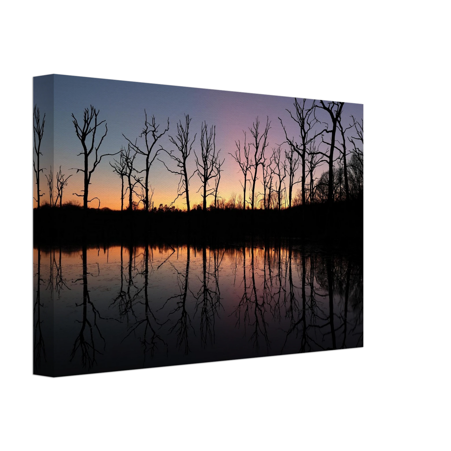 Wandbild sonnenuntergang ueber spiegelndem see magische naturlandschaft mit silhouetten