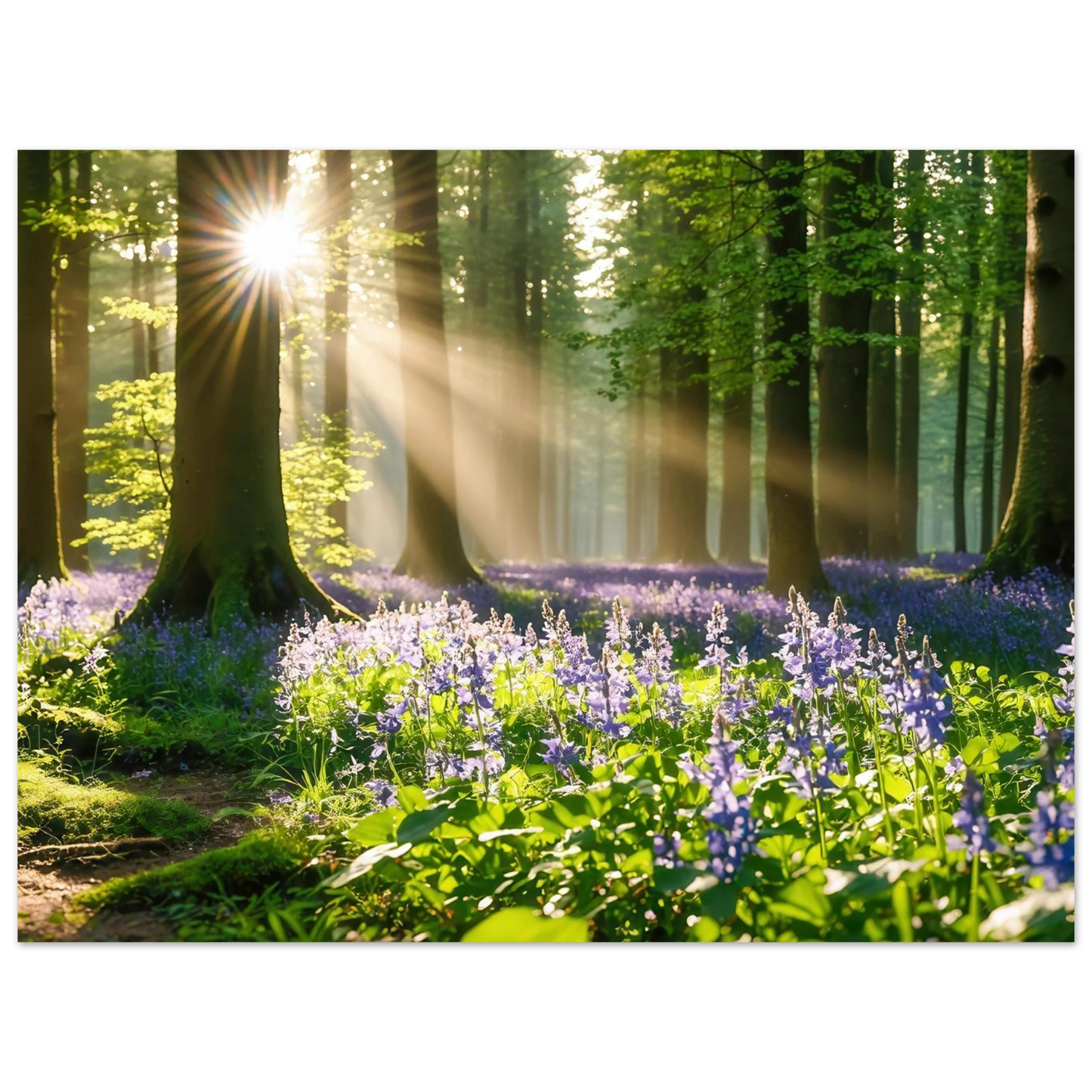 Wandbild mystischer morgenwald mit sonnenstrahlen und lila blueten in vielen groessen