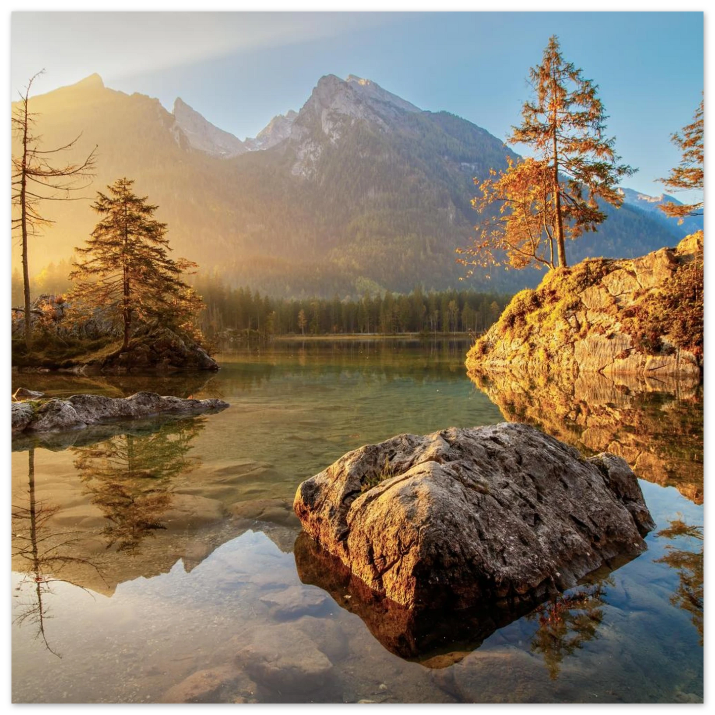 Wandbild majestaetischer sonnenaufgang am gebirgssee beruhigende naturlandschaft in ihrer wunschgroesse