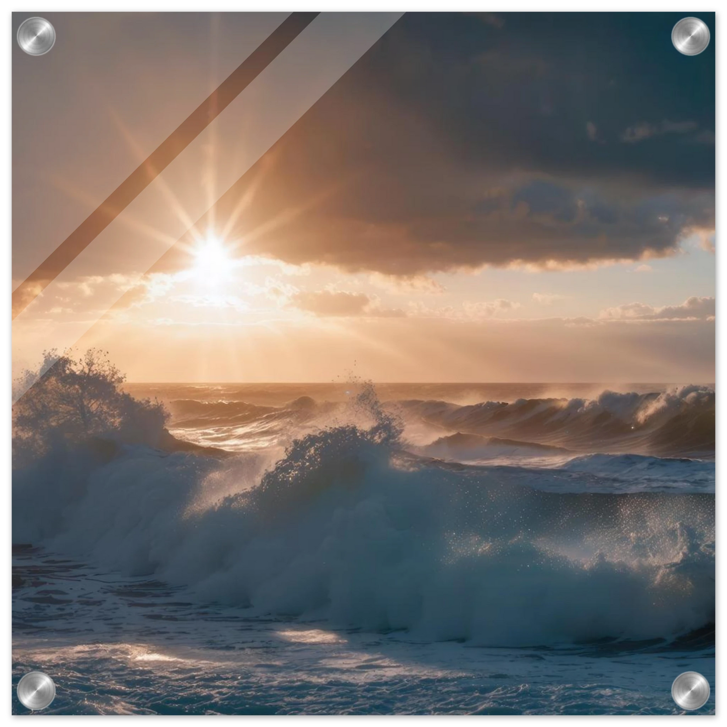 Wandbild dramatischer sonnenuntergang ueber stuermischen wellen ozean leinwanddruck in ihrer wunschgroesse