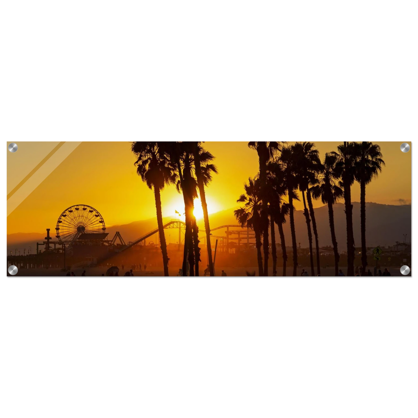 Wandbild sonnenuntergang am santa monica pier kalifornische palmen und riesenrad bei goldenem licht
