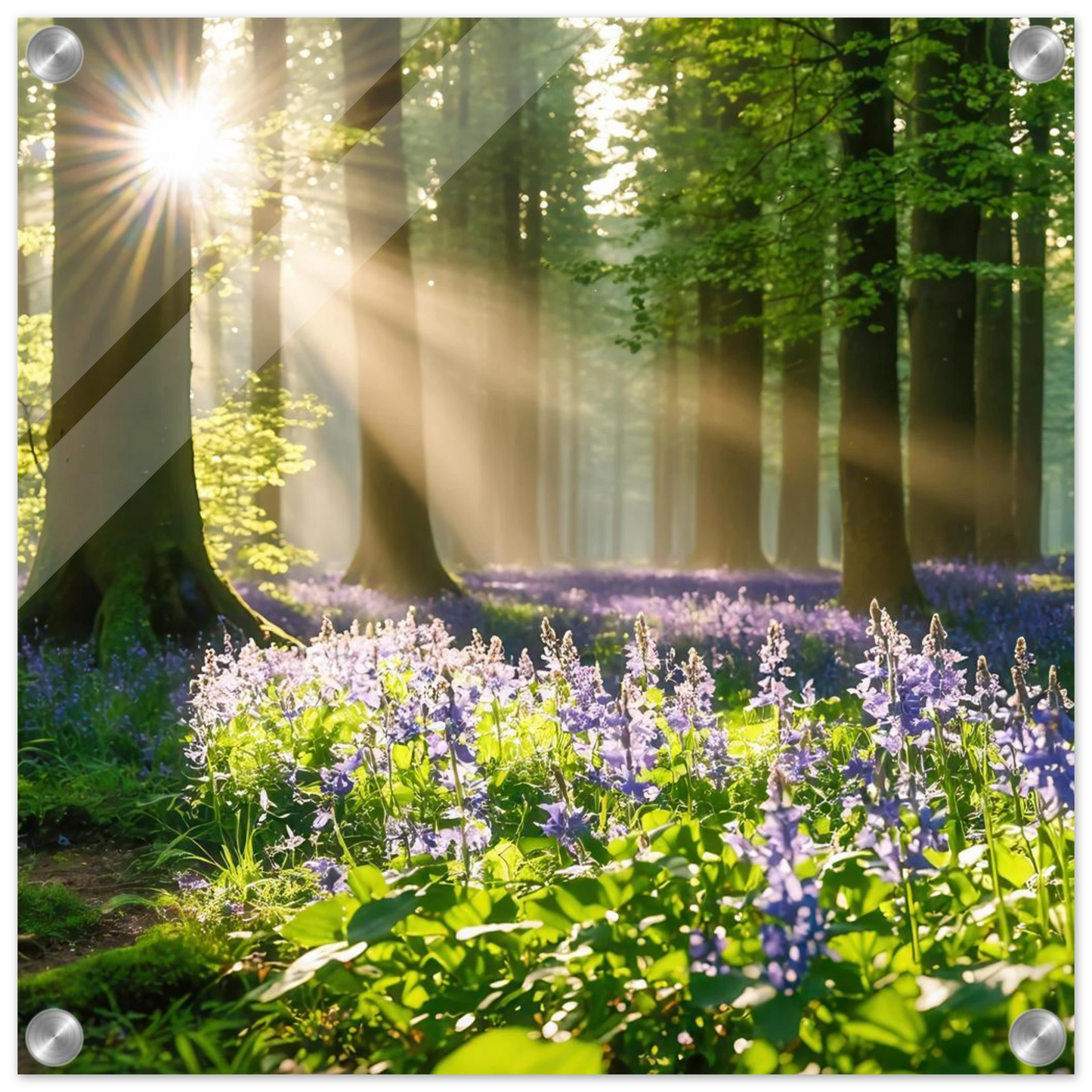 Wandbild mystischer morgenwald mit sonnenstrahlen und lila blueten in vielen groessen