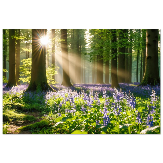 Wandbild mystischer morgenwald mit sonnenstrahlen und lila blueten in vielen groessen