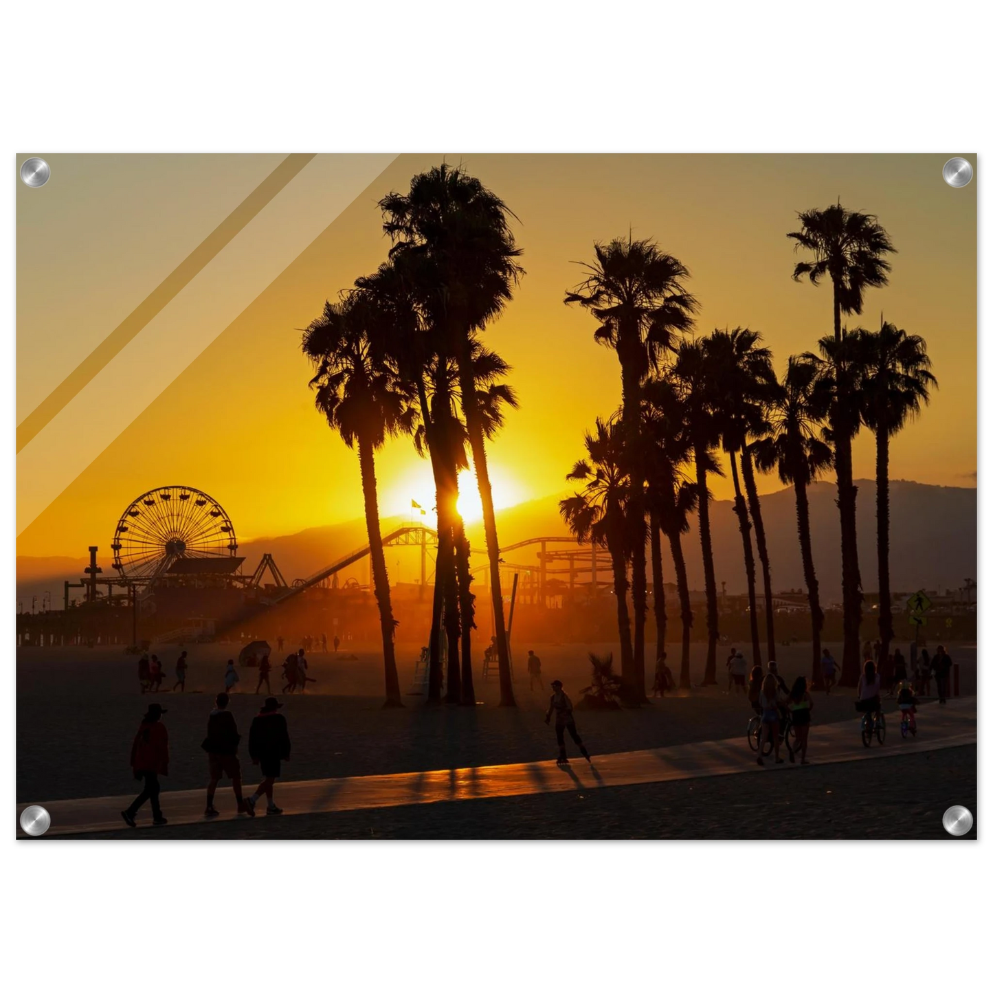 Wandbild sonnenuntergang am santa monica pier kalifornische palmen und riesenrad bei goldenem licht