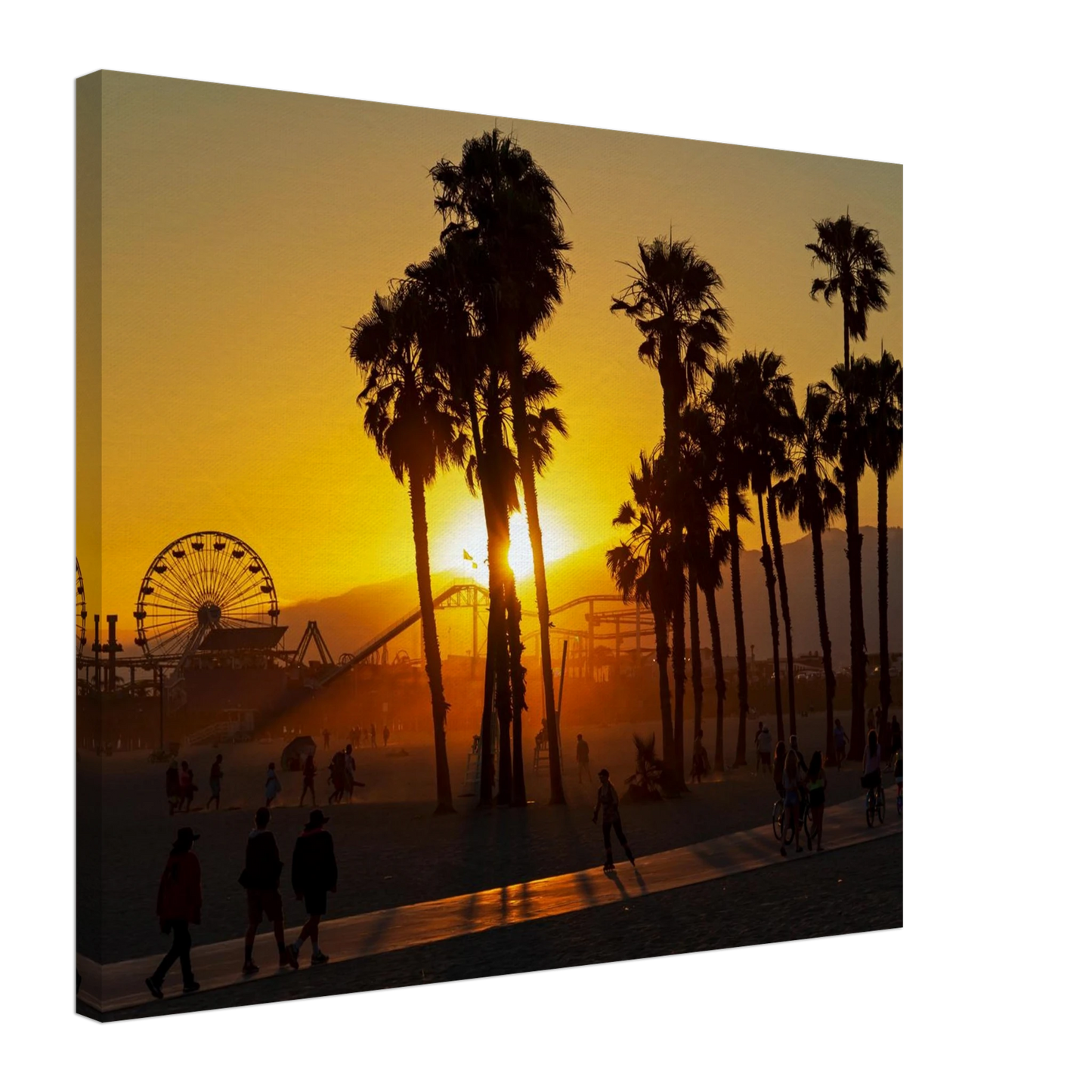 Wandbild sonnenuntergang am santa monica pier kalifornische palmen und riesenrad bei goldenem licht