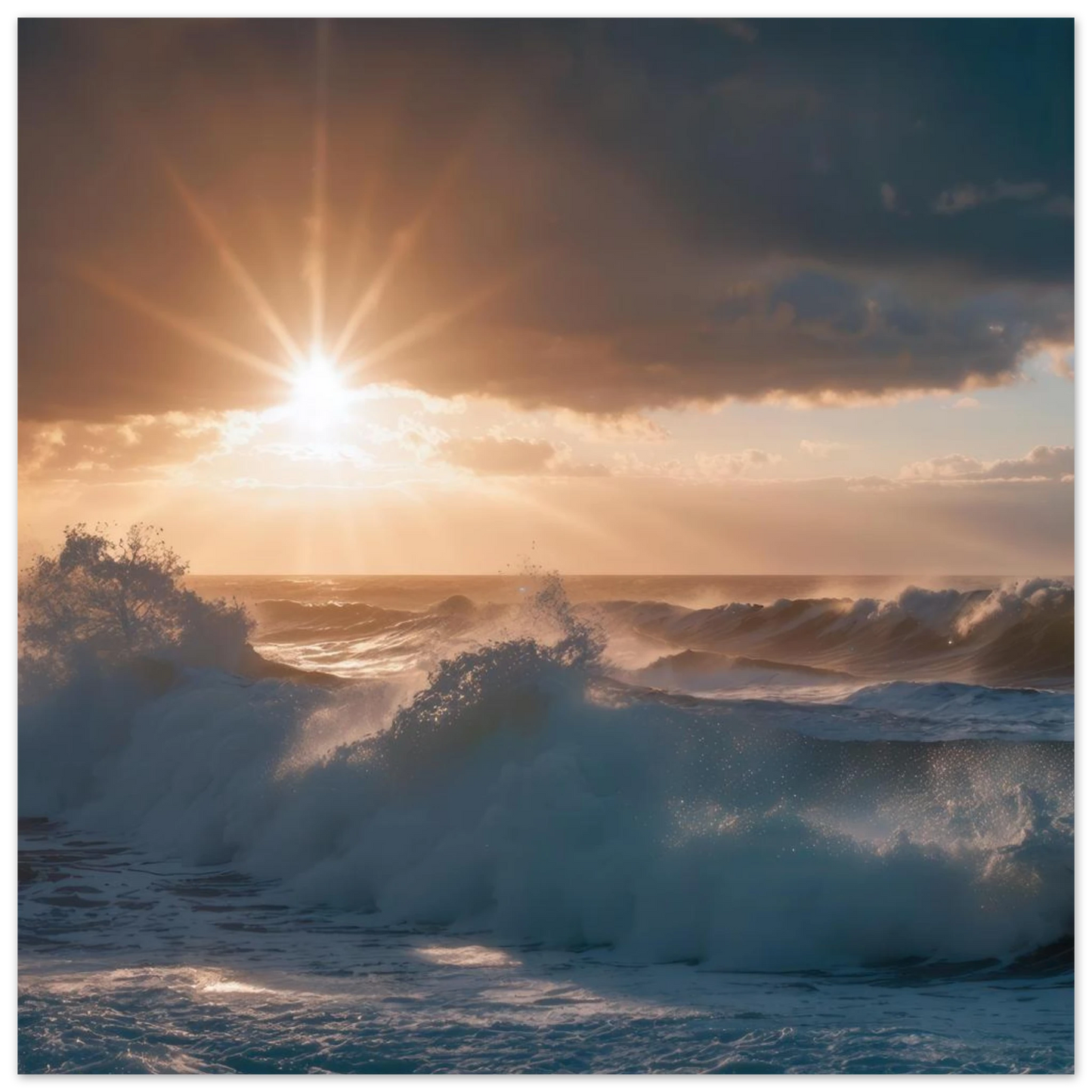 Wandbild dramatischer sonnenuntergang ueber stuermischen wellen ozean leinwanddruck in ihrer wunschgroesse