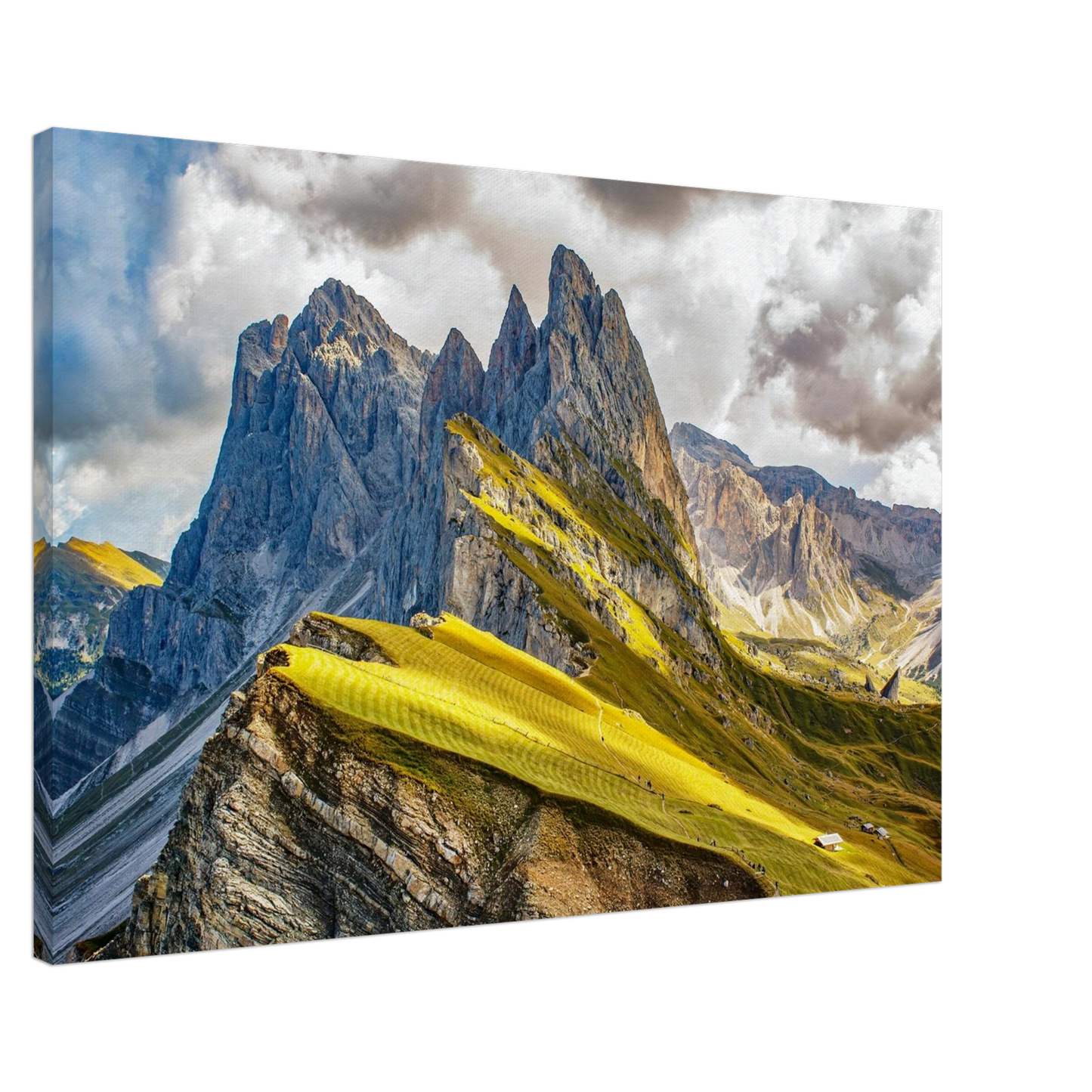 Wandbild seceda alpenglanz atemberaubende dolomiten landschaft mit leuchtenden grashaengen