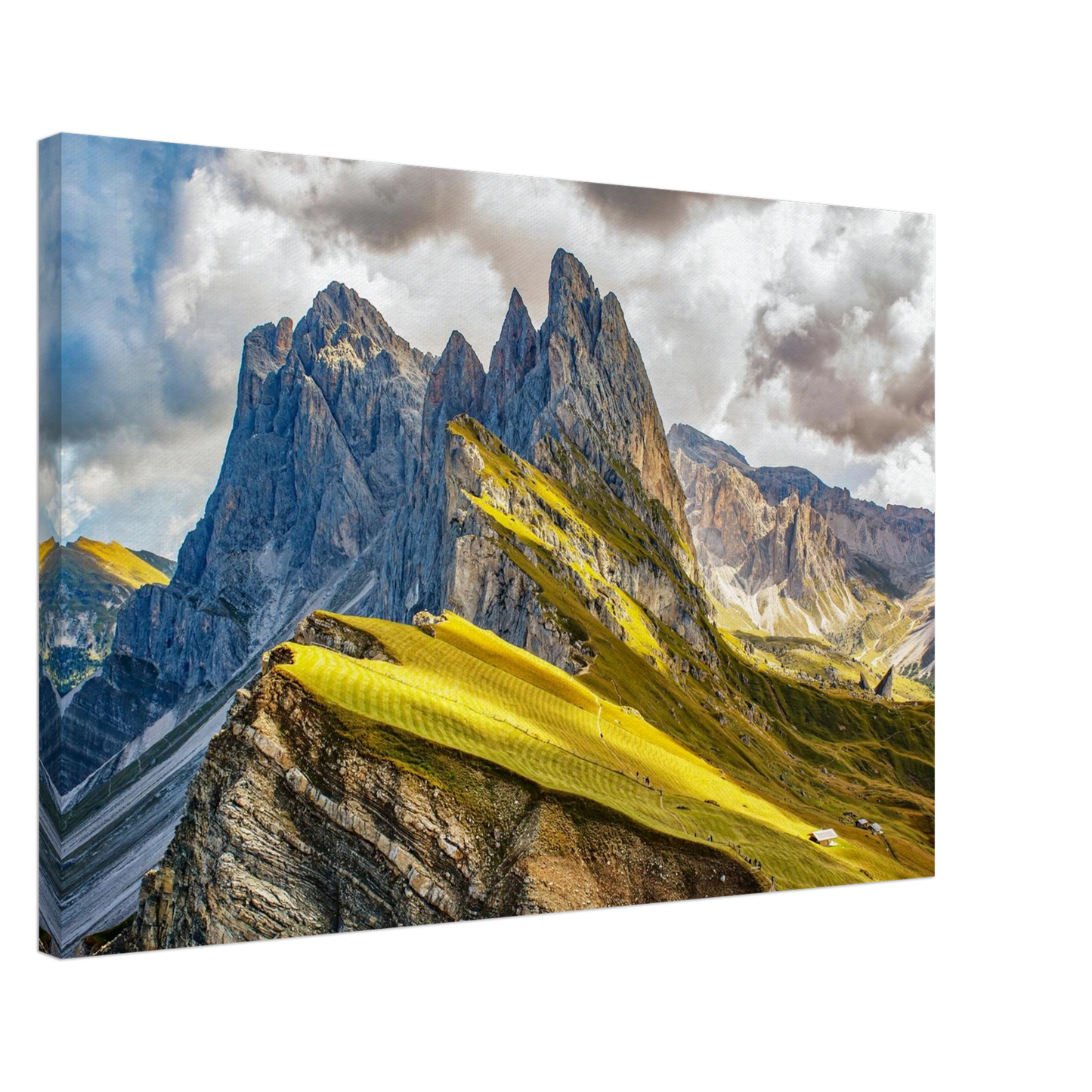 Wandbild seceda alpenglanz atemberaubende dolomiten landschaft mit leuchtenden grashaengen