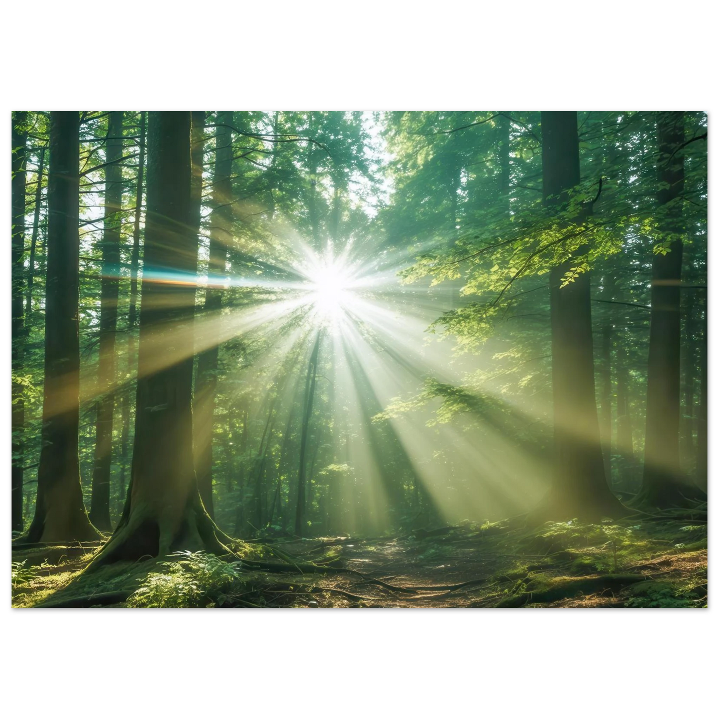 Wandbild sonnenstrahlen im wald mystisches waldlicht kunstdruck in ihrer wunschgroesse