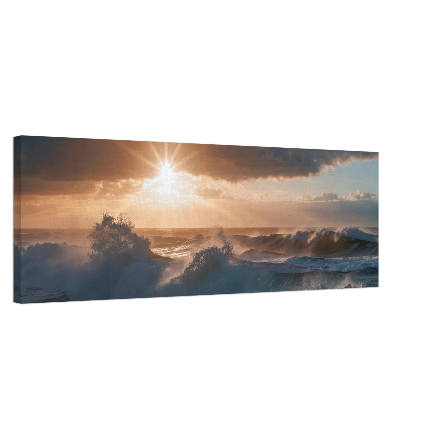 Wandbild dramatischer sonnenuntergang ueber stuermischen wellen ozean leinwanddruck in ihrer wunschgroesse
