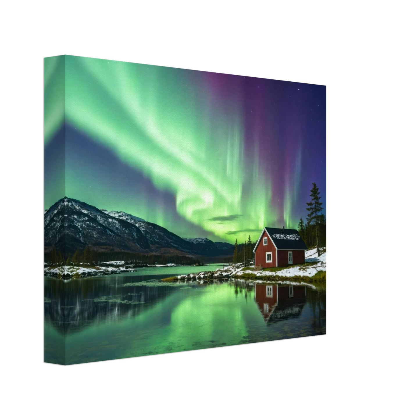 Wandbild nordlichter gemuetliche huette majestaetisches kunstwerk in lebendigen gruentoenen