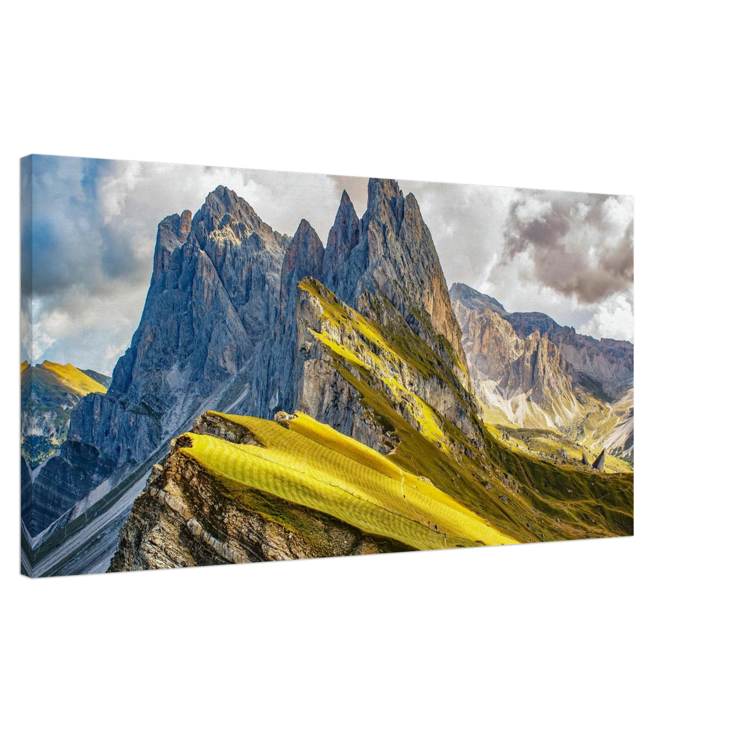 Wandbild seceda alpenglanz atemberaubende dolomiten landschaft mit leuchtenden grashaengen