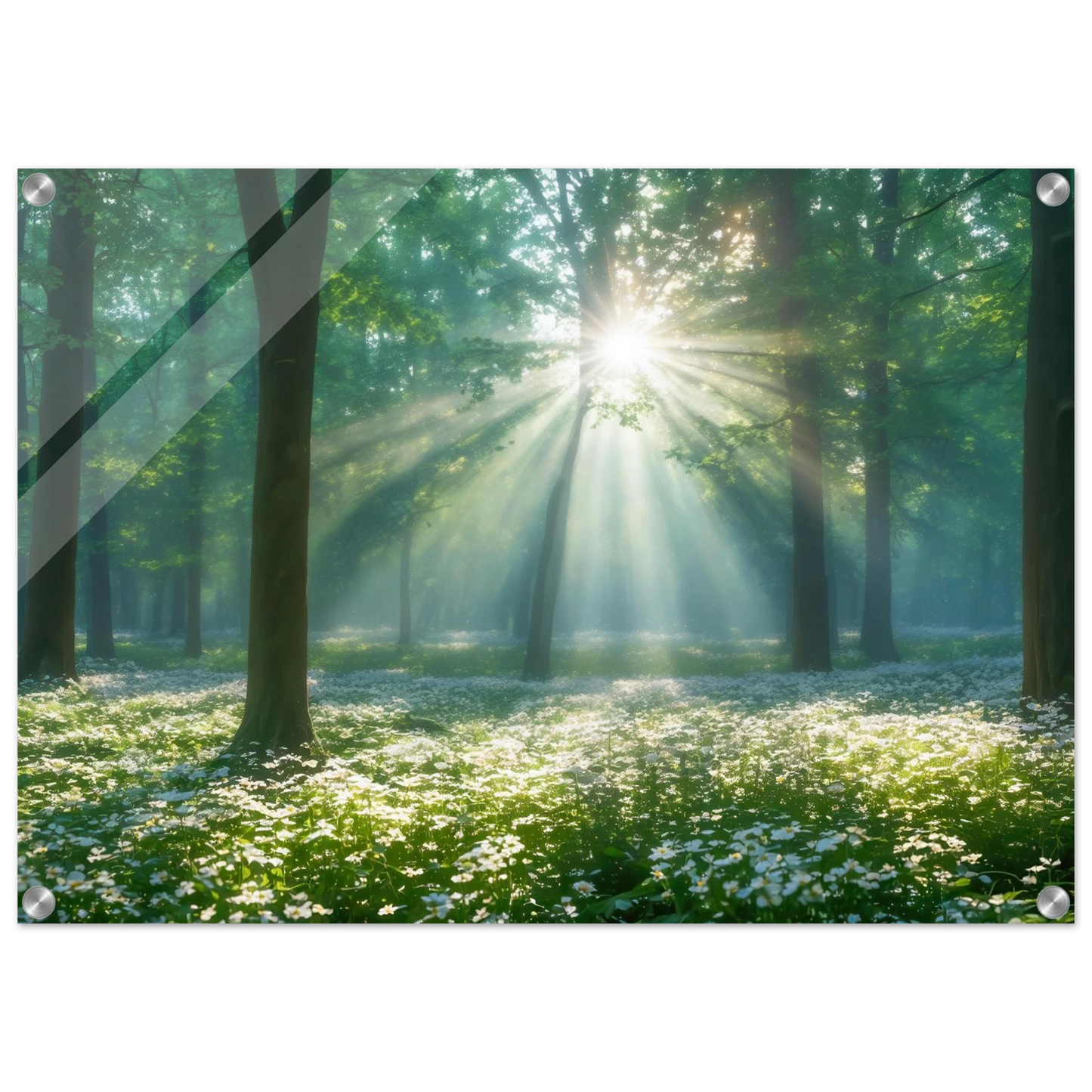 Wandbild mystischer wald sonnenstrahlen im gruenen bluetenmeer