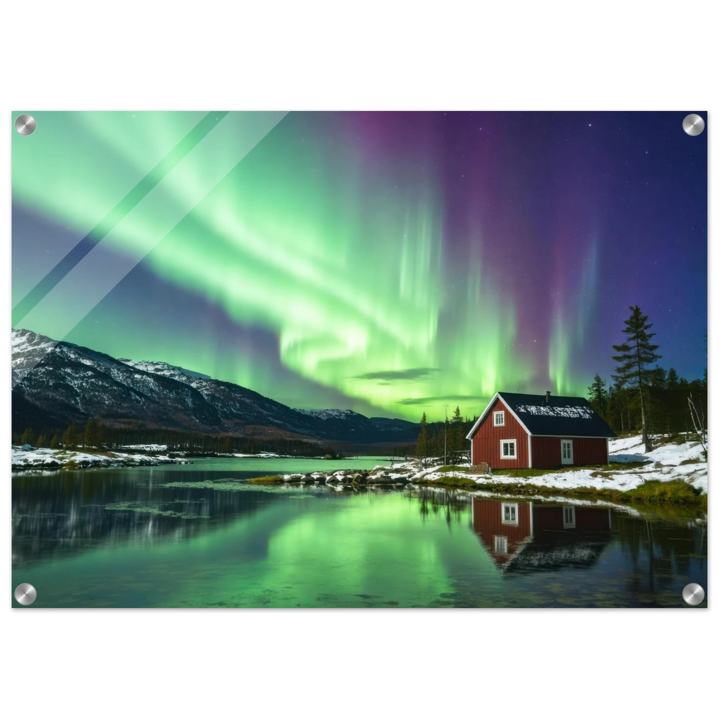 Wandbild nordlichter gemuetliche huette majestaetisches kunstwerk in lebendigen gruentoenen