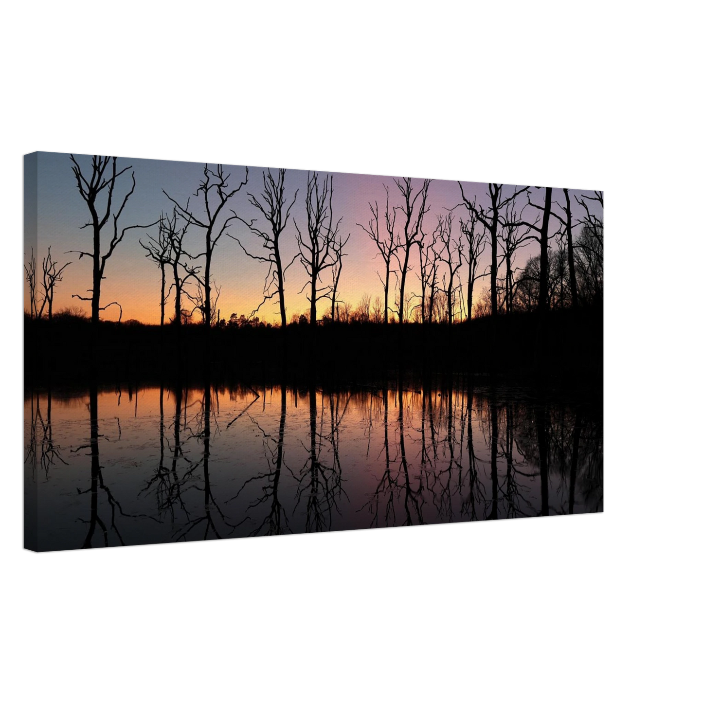 Wandbild sonnenuntergang ueber spiegelndem see magische naturlandschaft mit silhouetten