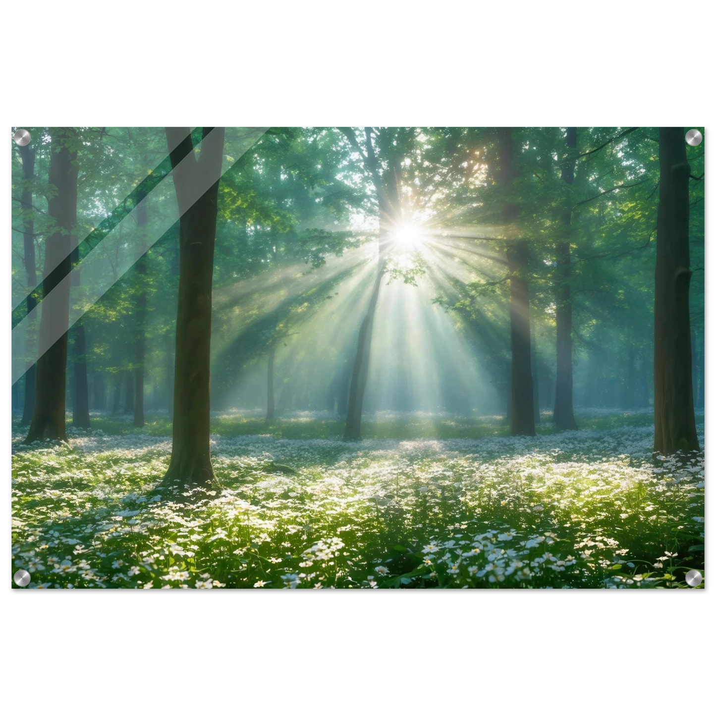 Wandbild mystischer wald sonnenstrahlen im gruenen bluetenmeer